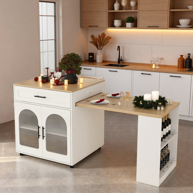 Îlot de cuisine extensible avec table de salle à manger, prise de courant, 2 tiroirs, tablettes ouvertes et roues mobiles