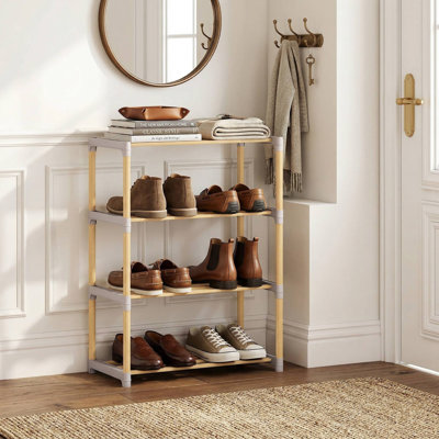 Range-chaussures en bois massif naturel à 4 niveaux, tablettes ouvertes à lattes respirantes, finition lisse et résistante aux égratignures, convenant à un vestibule ou à un couloir