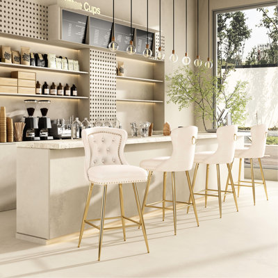 2 tabourets de bar en velours beige avec pieds en métal et bouton pour club, pieds de cuisine à hauteur réglable, îlot de garniture cloutée,