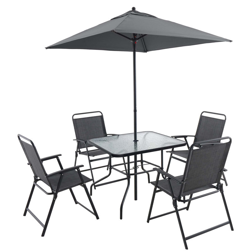 Ensemble de salle à manger d'extérieur pour 4 personnes, ensemble de table et chaises en métal avec parasol, noir