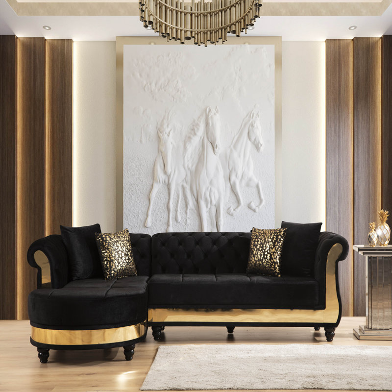 Canapé modulaire en bois capitonné doré, Velours noir, Noir