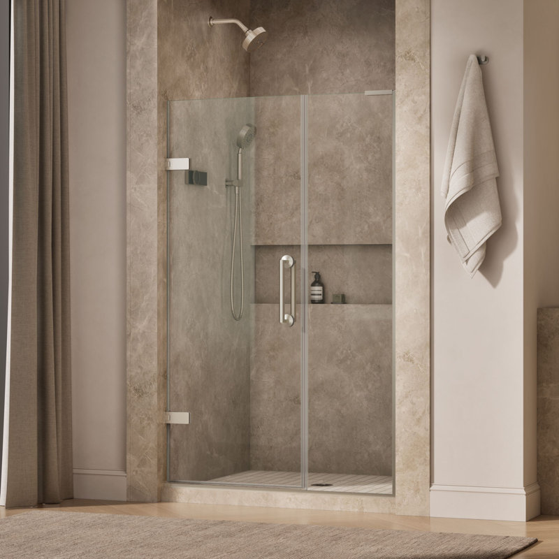 Components 71-1/2-In X 46-3/4-In Frameless Pivot Shower Door With 3/8-In Crystal Clear Glass And Back-To-Back Vertical Door Pulls