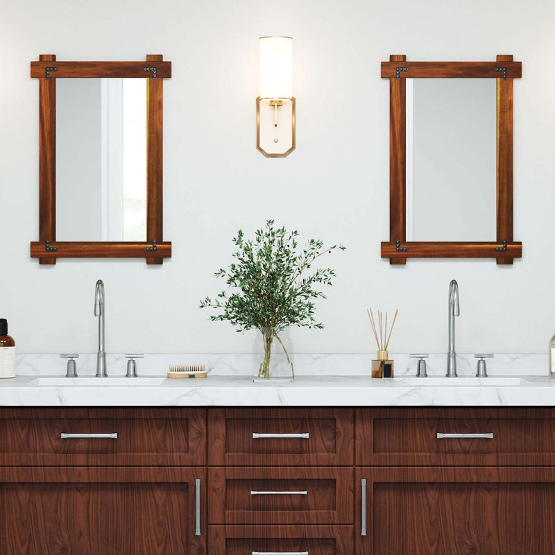 Miroir mural incassable avec cadre en bois d'acacia et design de rivet rétro, 30 po x 20 po