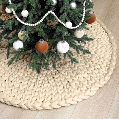Jupe de sapin de Noël en grosse maille, tapis de sapin beige crocheté, décoration de Noël rustique de style ferme
