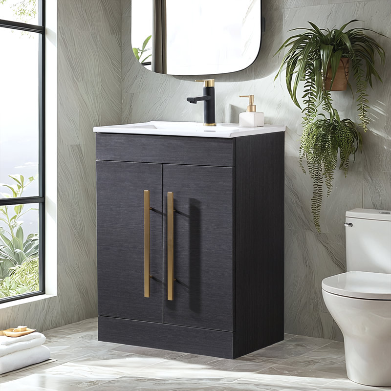24'' Modern Free-Standing 2-Doors Single Bathroom Vanity With Ceramic Top, Black, Brushed Gold