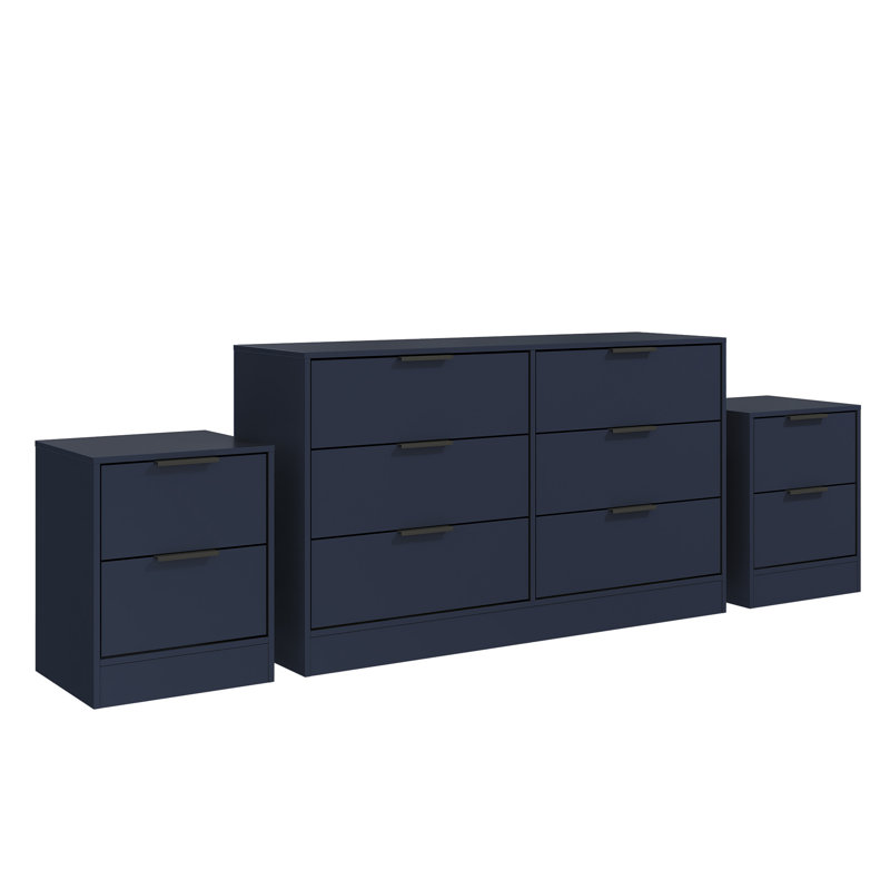 Maiesha 3-Piece Modern Bedroom Furniture Set With 6-Drawer Dresser And 2 Nightstands, Blue