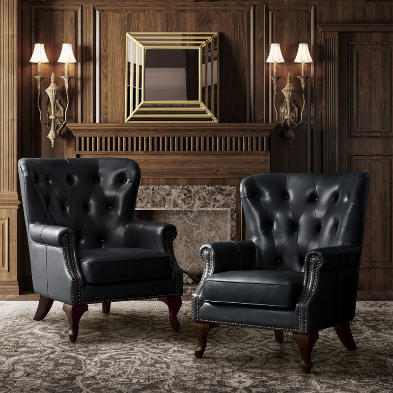 Fauteuil club en cuir véritable avec dossier à oreilles l 31,5 po Ansumana, Noir