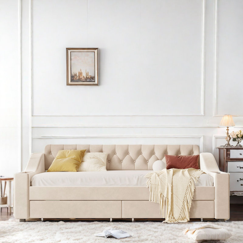 Lit de jour rembourré avec accoudoirs de rangement, ports USB, poches latérales, 2 tiroirs et capitonnage à boutons, Beige