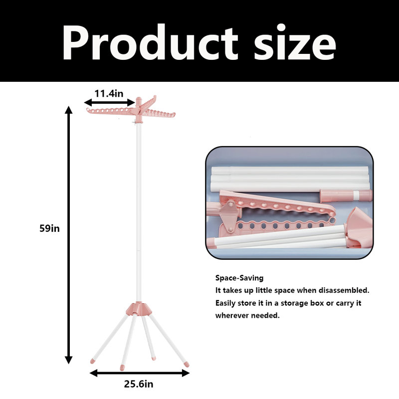 Séchoir à linge pliant avec 3 bras rotatifs pour cintres, Rose/Blanc