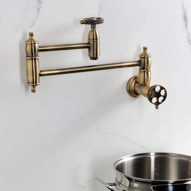 Kingston Brass Webb Two-Handle 1-Hole Wall Mount Pot Filler Faucet with Knurled Handle, Antique Brass