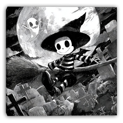 Skeleton Broomstick Flight Wrapped Canvas Wall Art