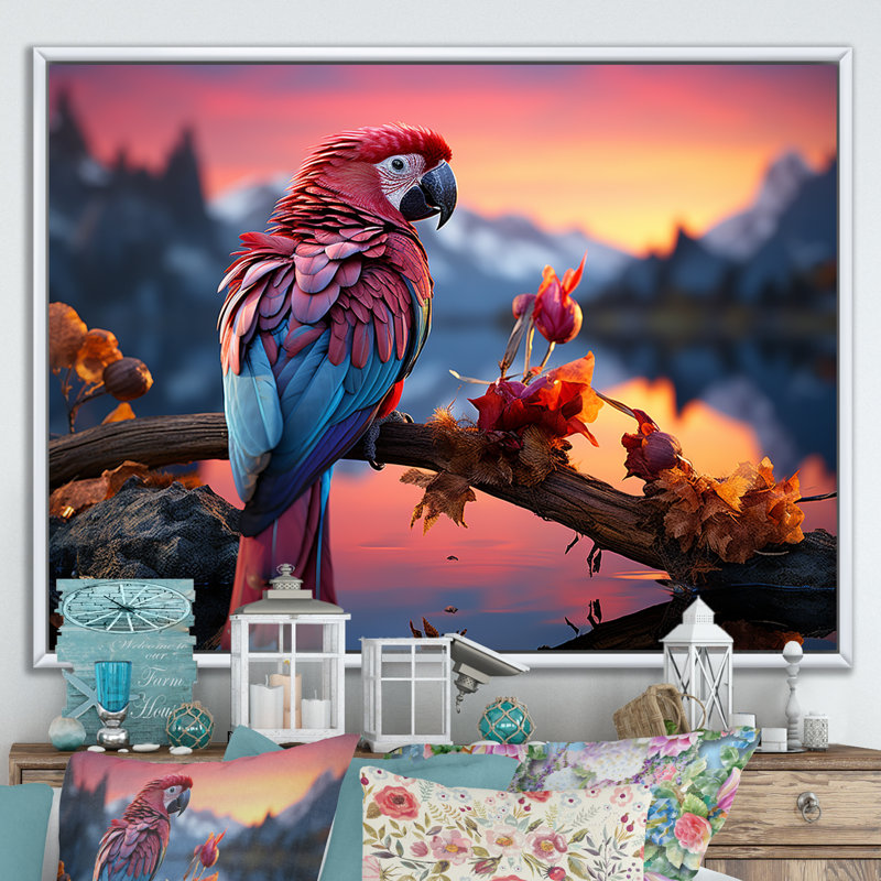 Coucher de soleil rouge et bleu avec plumage radieux au coucher du soleil, Cadre flottant blanc, H 24 po x l 32 po x P 1 po