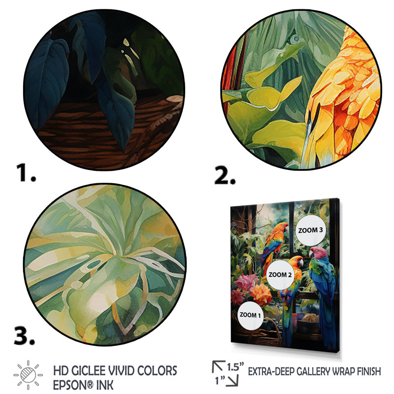 Parrot Jungle Paradise II - art mural perroquet, Cadre flottant doré, H 44 po x l 34 po x P 1,5 po