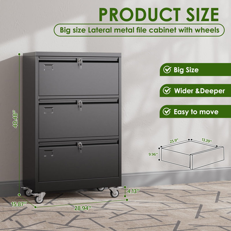 Wide 3 -Drawer Lateral Filing Cabinet With Lock, Suitable For Office, Home And School