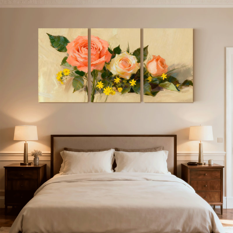 Bouquet de roses roses avec fleurs jaunes, ensemble de 3 impressions sur toile, H 18 po x l 36 po