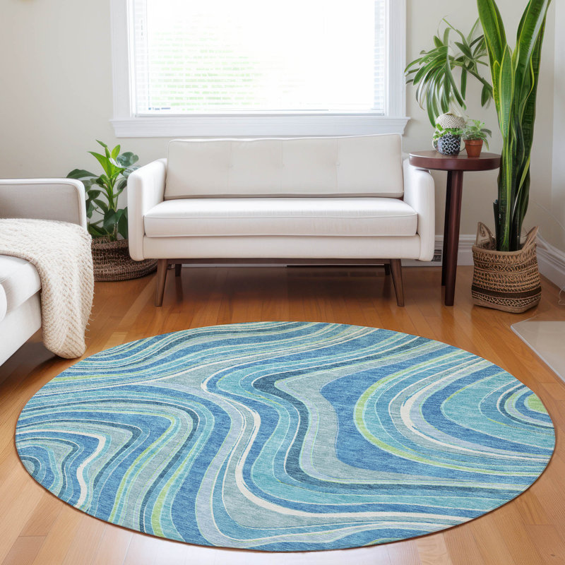 Premium Machine Washable Prisco Blue Rug, Round 8'