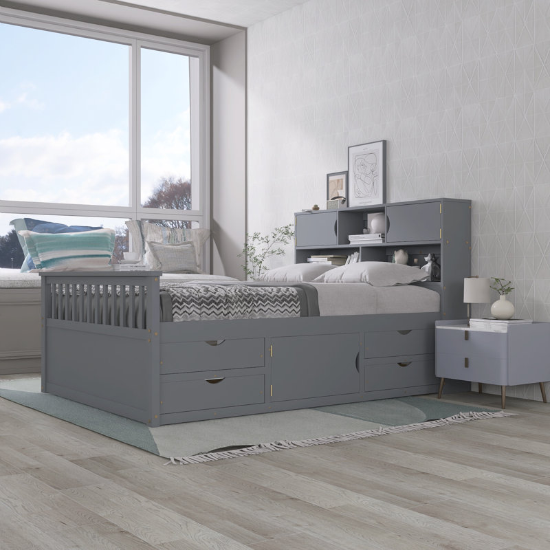 Full Size Platform Bed With Storage Bookcases & 4 Drawers, Gray