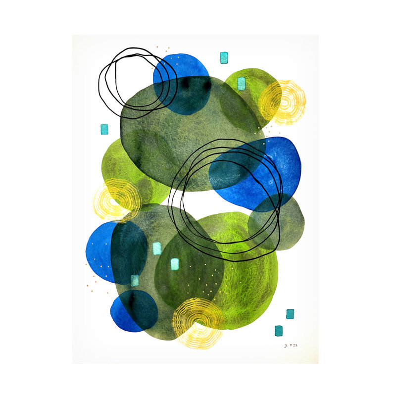Jocelyn Benford, cercles sur toile bleue et verte, H 47 po x l 35 po