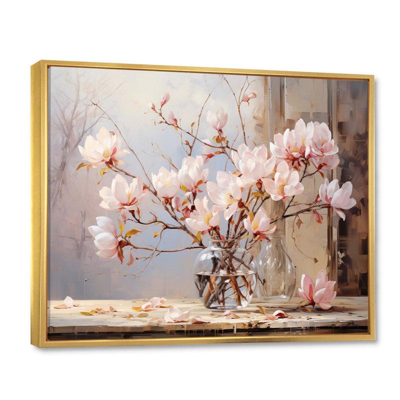 " Pink Beige Magnolias Romantic Impression ", 24" H x 32" W, Cadre flottant doré
