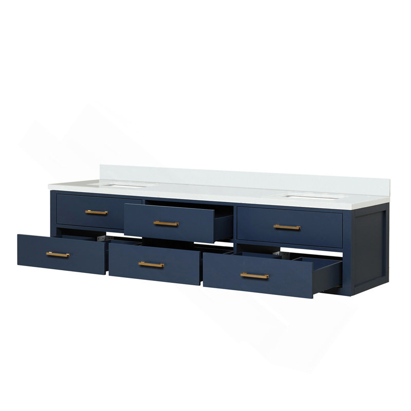 Meuble-lavabo double bleu 80 po X P 22 po D, avec plateau en quartz blanc, Bleu, 80"