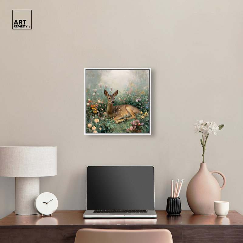 «Gentle Deer II», reproduction d'art sur toile encadrée par Art Remedy, cadre blanc, 16 x 16, 17"H x 17"W, White Frame