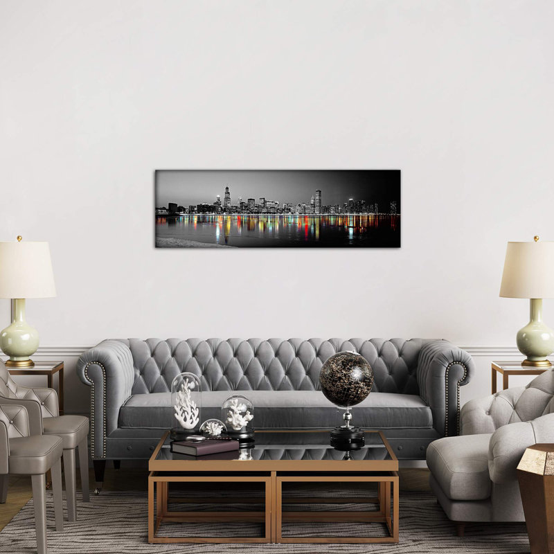 Skyline At Night With Color Pop Lake Michigan Reflection, Chicago, Cook County, Illinois, Usa by Panoramic Images - Wrapped Canvas Panoramic Print