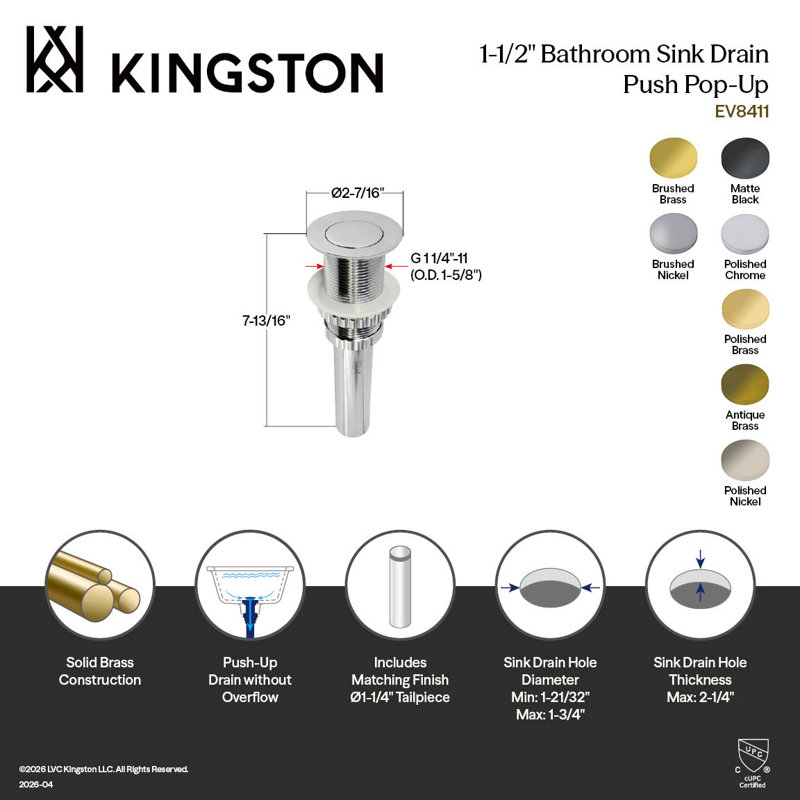 Drain escamotable pour lavabo de salle de bain Coronet, Laiton poli