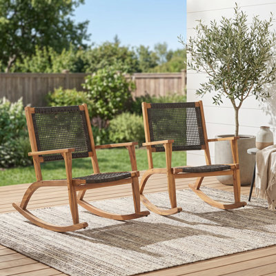 Ensemble de chaises berçantes d'extérieur en bois d'acacia 2 pièces avec dossier en osier PE, chaises berçantes de patio pour porche, balcon, cour, jardin et bord de piscine