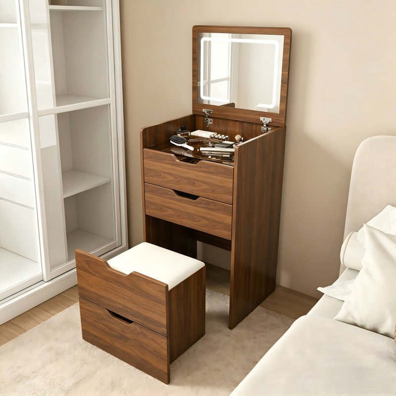 Meuble-lavabo 19 po 3 en 1 avec miroir éclairé et tabouret rabattable, pour salle de bain dans la chambre à coucher, noyer