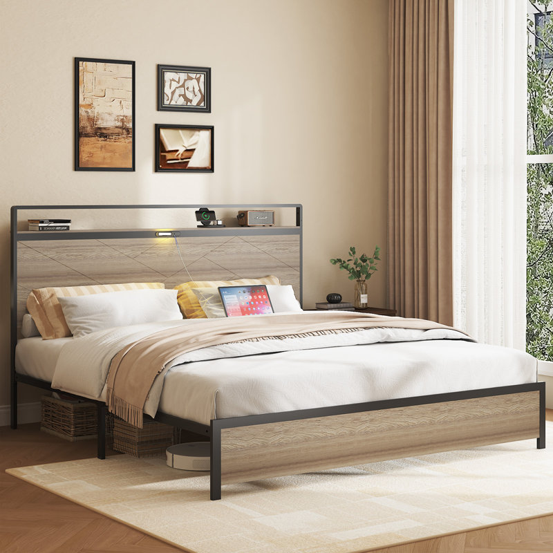Wooden And Metal King Bed Frame，Bed With Storage Headboard And Charging Station&LED Lights, King