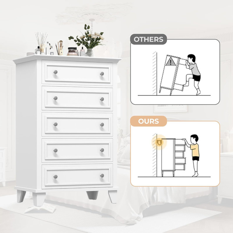 Commode blanche à 5 tiroirs pour la chambre à coucher, commode en bois et commodes à tiroirs profonds, commode de commode moderne avec poignées en métal pour le salon, le couloir, le vestibule