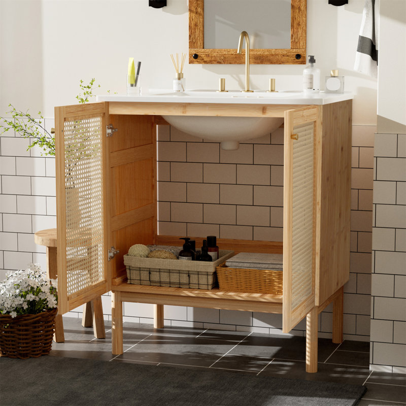 Meuble-lavabo avec portes en rotin fabriquées à la main