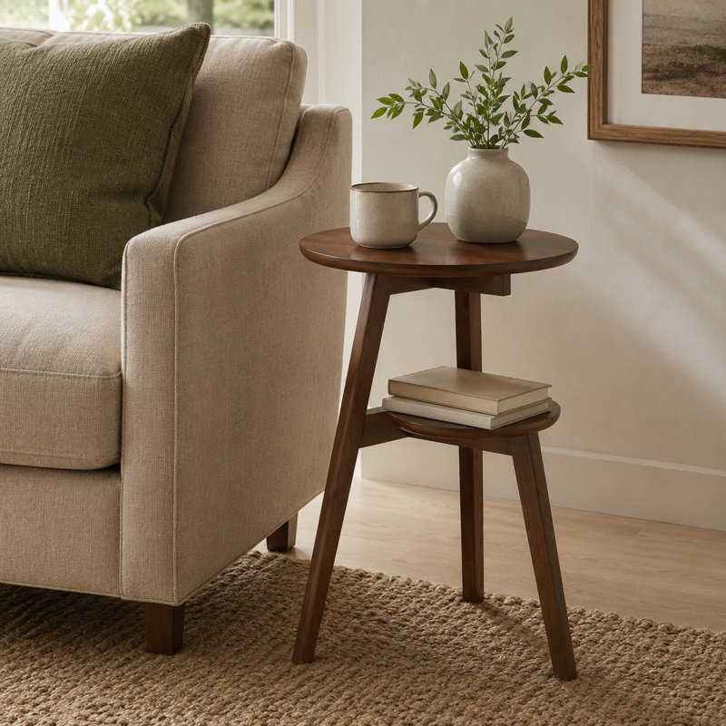 Mid-Century Solid Rubber Wood End Table With 2-Tier Storage Shelf