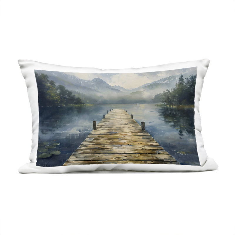 Coussin d'extérieur imprimé en bois sur le lac par LSR Creative Studio, Quai bleu foncé, Rectangle H 14 po x l 20 po