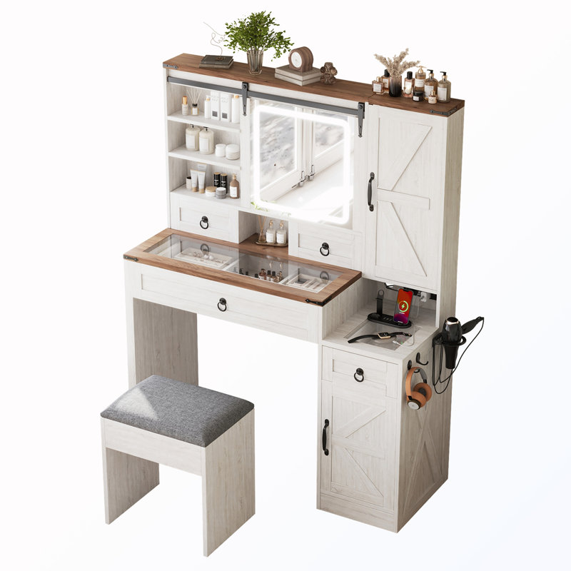 LED Storage Sliding Mirror Vanity Desk With Stool And Charging Station, White