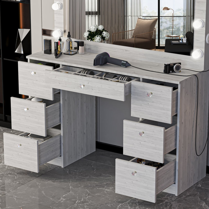 Boahaus Freya Large Vanity Makeup Desk with Wide Mirror, Build-In Lights, 7 Drawers and Power Outlet, Gray/Crystal Knobs