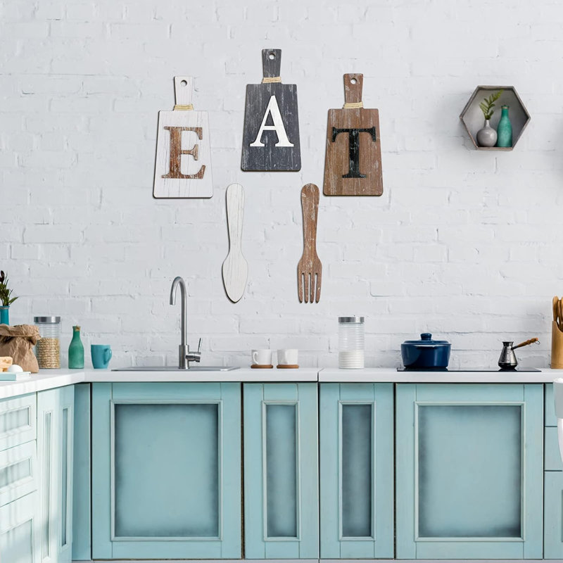 Planche à découper, ensemble de panneaux «Eat», art de cuisine suspendu, fourchette et cuillère, décoration murale rustique de style campagnard rustique, décor pour la cuisine et la maison (gris, blanc, brun)