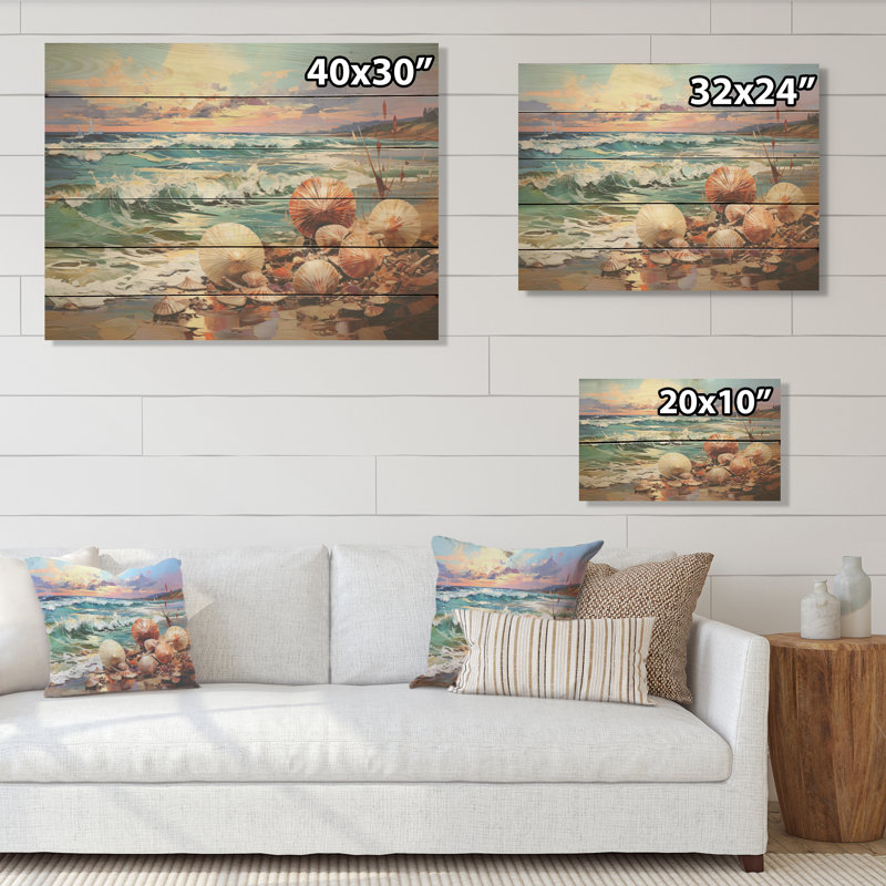 Coastal Clams Fusion On The Beach - Coastal Beach Wood Wall Art On Natural Pine Wood, 24" H x 32" W