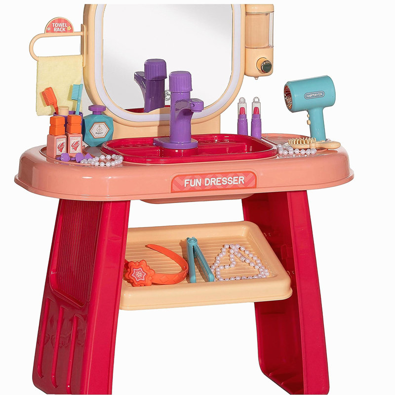 Qaba  Vanity Set, Toddler Makeup Table with Faucet, Mirror, LED Light, Music, 23 Accessories, Pretend Play Set for Girls 3-6 Years, Pink