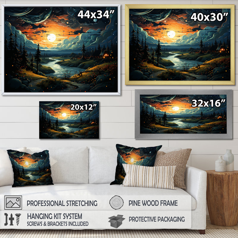 «Dreamy Mountain Scenery At Night I - Winter Landscape», art mural, Cadre de coin argenté fermé, H 30 po x l 40 po x P 1,5 po