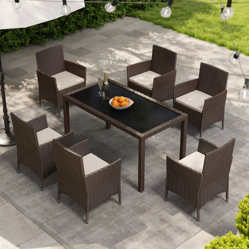 7-piece Rectangular Wicker/rattan Outdoor Dining Set With Cushions And Tempered Glass Top, Brun