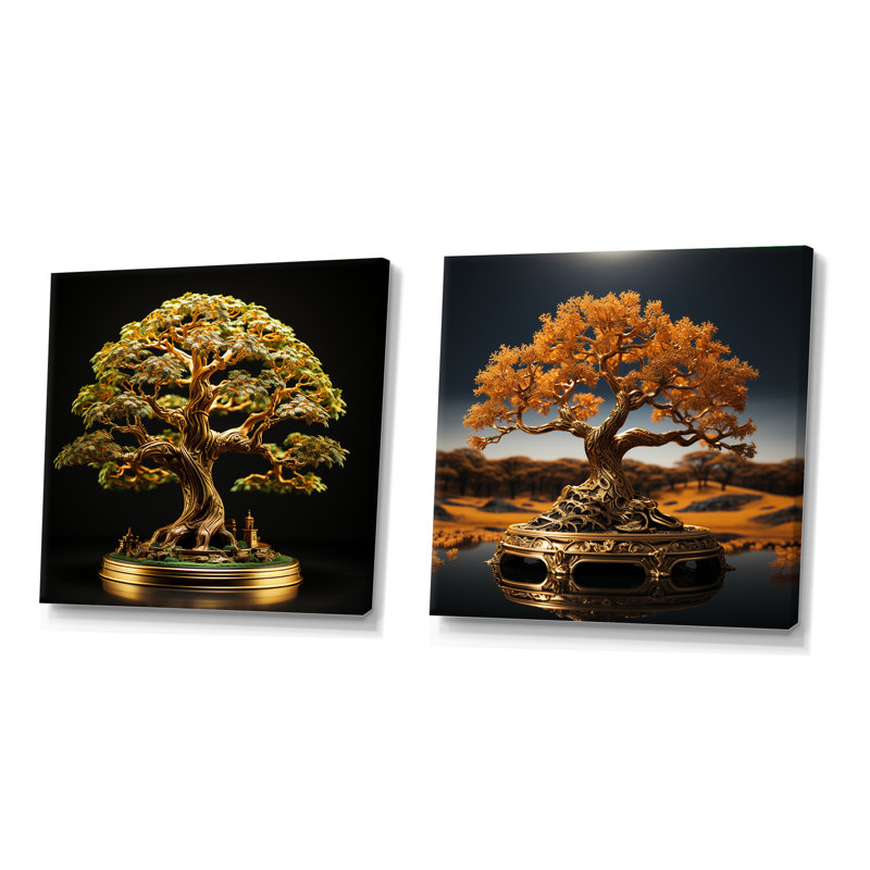 Bonsai Tree Tranquility Expression - Ensemble de 2 collages carrés Bonsai, H 30 po x l 61 po, Toile tendue
