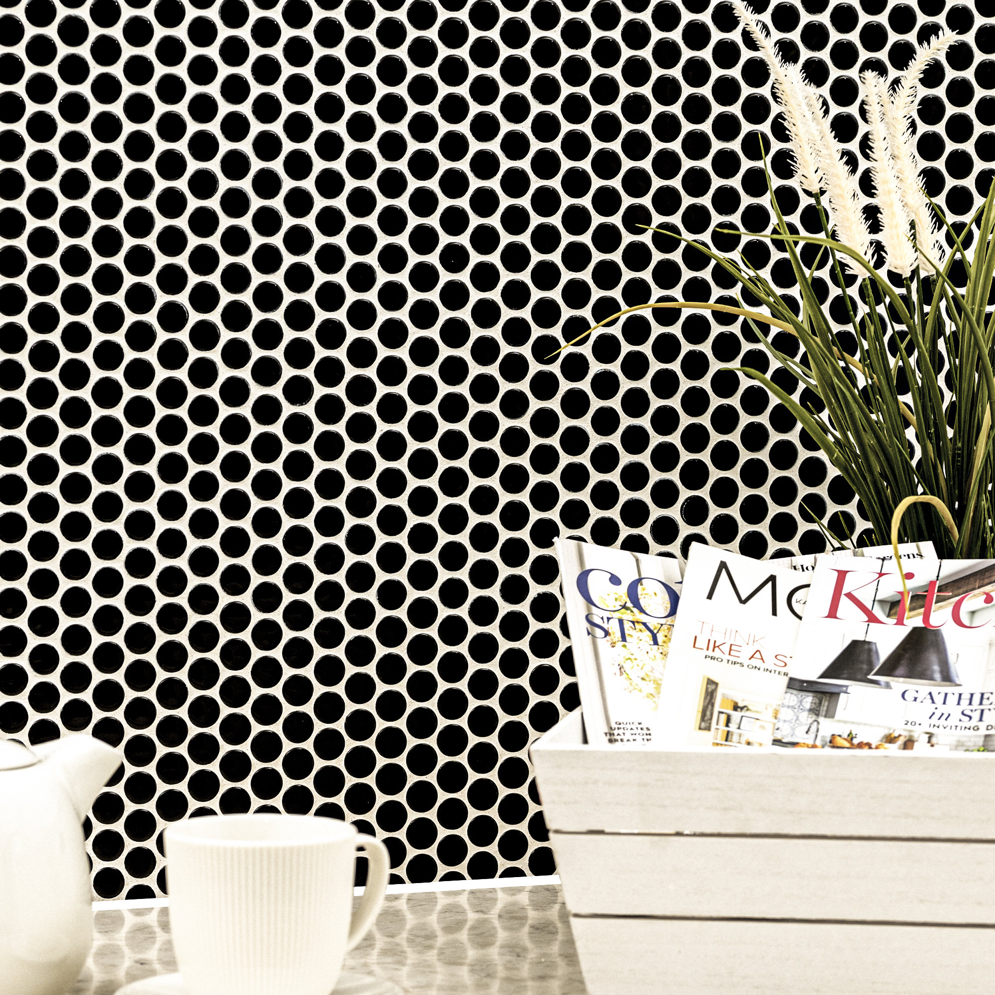 Penny Round 12 in. x 13 in. Porcelain Mosaic Floor and Wall Tile, Glossy Nivora Caviar