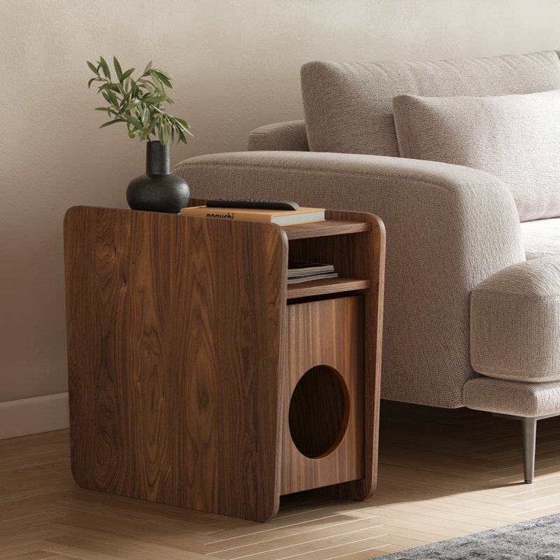 12'' Narrow End Table for Living Room - Small Side Table with Shelf, Magazine Holder and Storage Doubling as Cat Hideaway for Couch, Chair and Bedside. Wood Night Stand for Bedroom (Walnut)