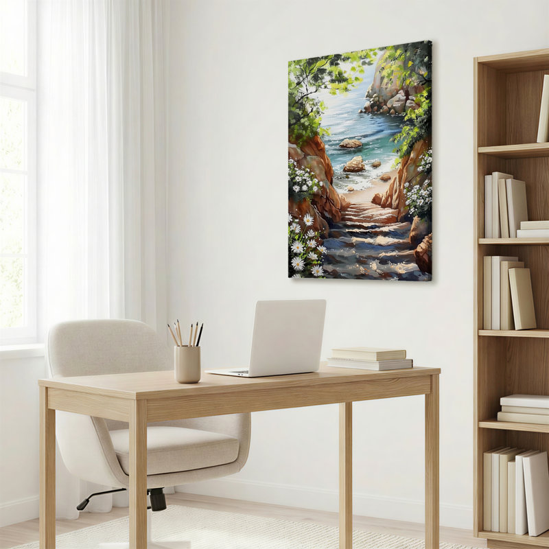 Paysage côtier avec roches et fleurs, reproduction d'art sur toile tendue sur toile, ensemble de 1, H 18 po x l 12 po