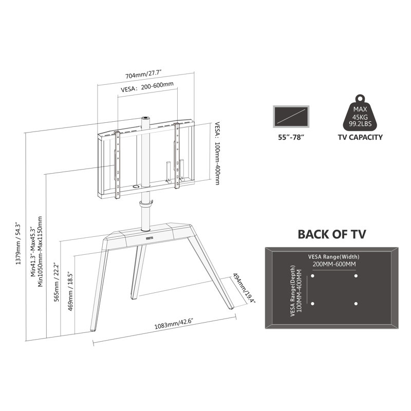 Meuble télé de coin Triangle Art Design pour téléviseur de 55 po à 78 po, Noyer
