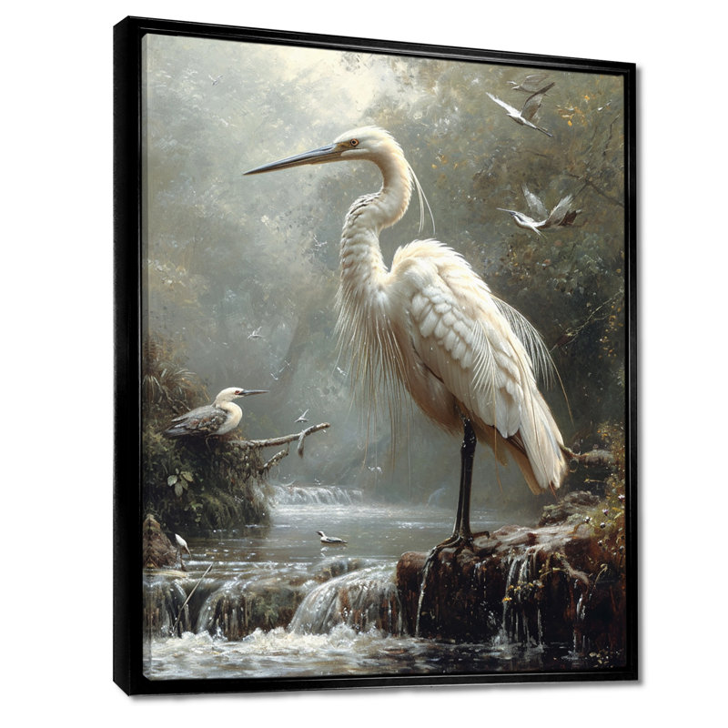 Héron blanc à la recherche de rivière prier - Héron, art mural, H 20 po x l 12 po, Toile flottante noire encadrée