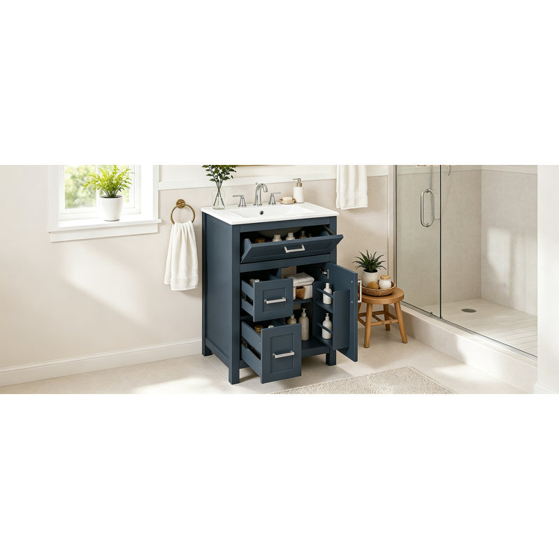 Meuble-lavabo de 61 cm (24 pouces) avec lavabo en céramique, tiroir rabattable, 2 tiroirs à fermeture amortie, rangement sur la porte et tablette réglable.