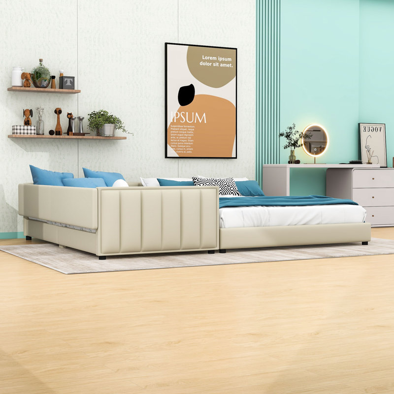 Grand lit plateforme tapissier Aalijah, Beige