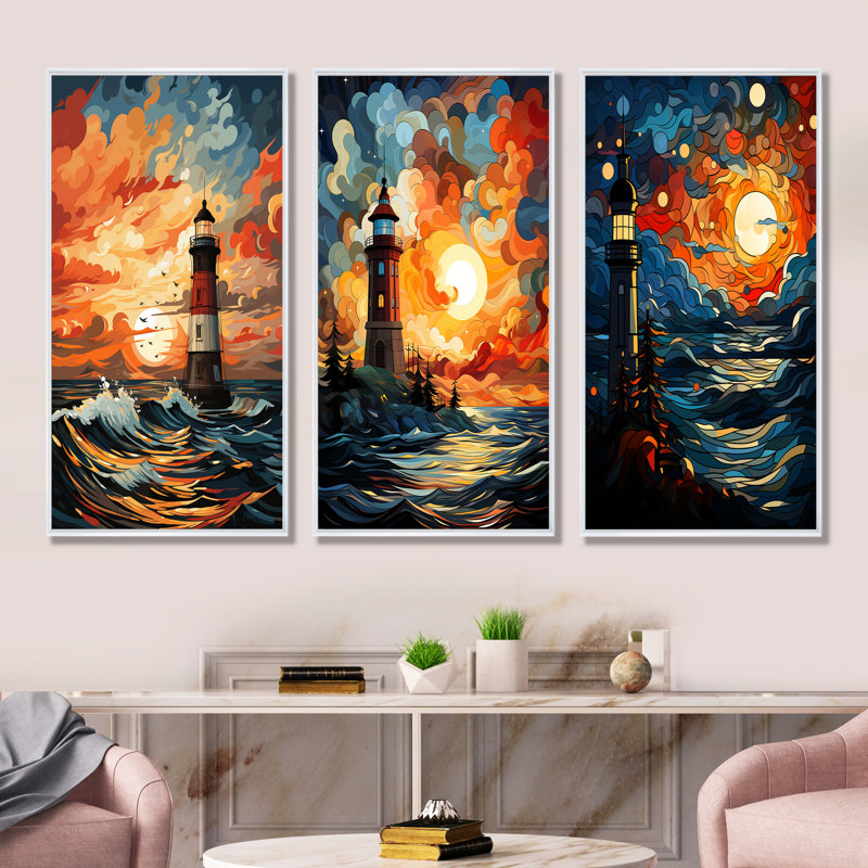Ensemble de 3 reproductions d'art sur toile Coastal Stormy Sunset, Cadre flottant blanc, H 40 po x l 60 po